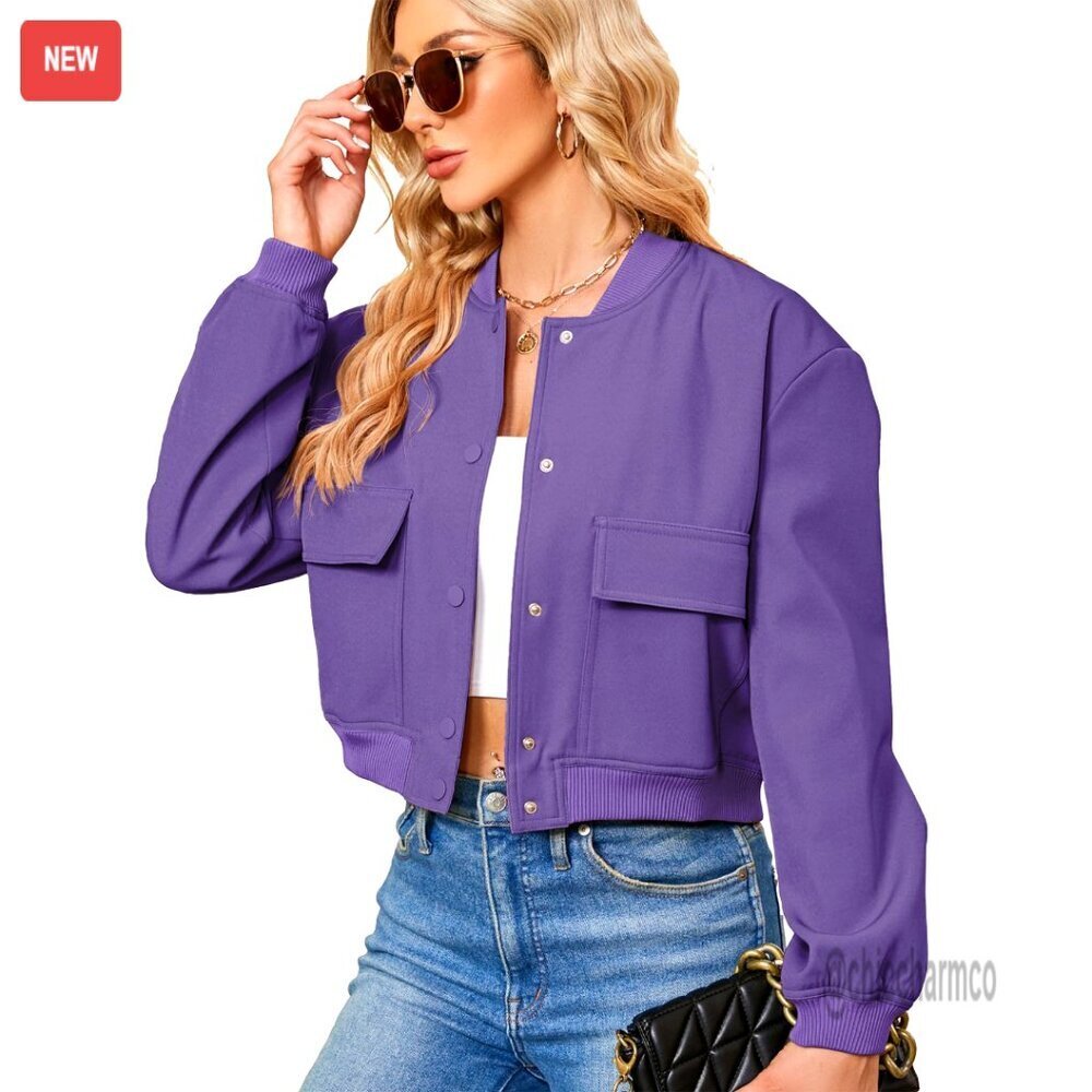Cropped Bomber Jacket Women's Button Down Long Sleeve Casual Varsity with